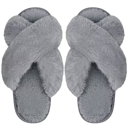 DOIOWN Women’s Fuzzy Slippers Cross Band Fluffy Slippers Faux Fur Slippers Plush House Open Toe Cozy Slippers for Women (Grey, Size 11-12)