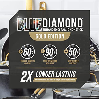 Blue Diamond Gold 10 Piece Cookware Set,Ceramic Nonstick, PFOA Free, Induction Suitable, Dishwasher Safe, Gold Handle, Black