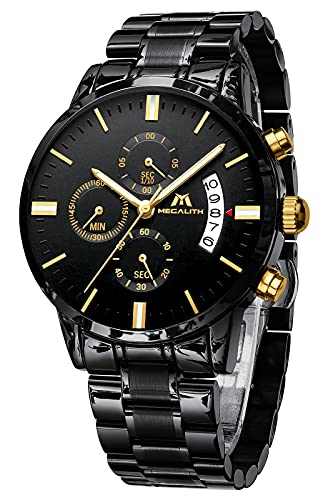 MEGALITH Mens Watches 45mm Chronograph Quartz Men's Wrist Watches Stainless Steel Black Waterproof Business Dress Watches for Men Luminous Date, Gifts for Men