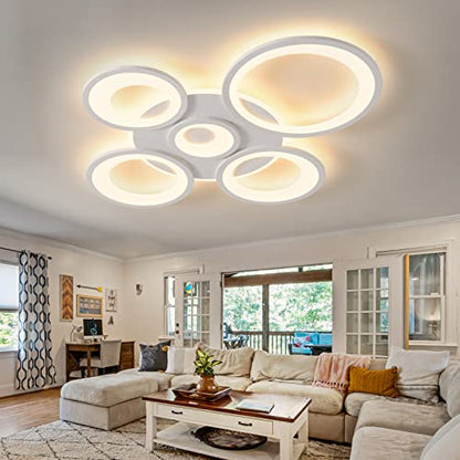 Modern LED Ceiling Light 80W Dimmable LED Acrylic Ceiling Lamp with Remote Control 5 Rings Flush Mount Ceiling Light White LED Chandelier Lighting for Living Room Dining Room Bedroom Kitchen…