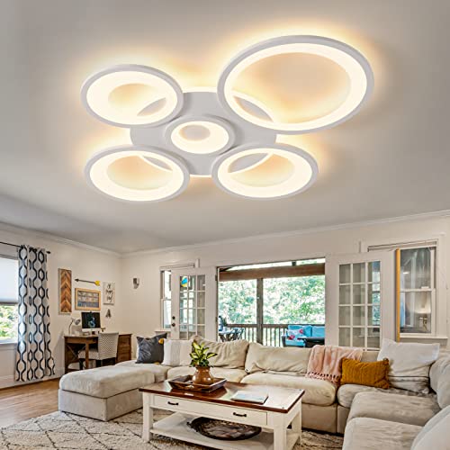 Modern LED Ceiling Light 80W Dimmable LED Acrylic Ceiling Lamp with Remote Control 5 Rings Flush Mount Ceiling Light White LED Chandelier Lighting for Living Room Dining Room Bedroom Kitchen…