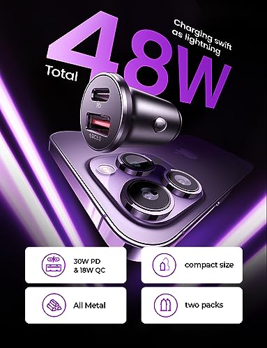 LISEN USB C Car Charger Adapter [2 Pack] [Mini & Metal] 48W Cigarette Lighter USB Charger Fast Charging [PD QC 3.0] USBC Car Phone Charger for iPhone 15 Pro Max Plus 14 Samsung Galaxy S23 iPad Pro
