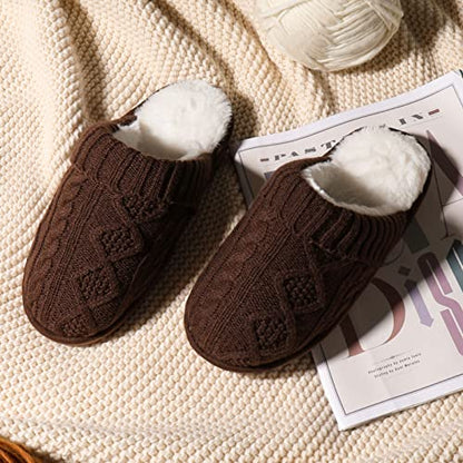 Footsuite Women's Knitted Memory Foam Scuff Mule Slipper with Faux Fur Lining, Slip-on Outdoor Indoor House Shoes(Coffee, 9-10)