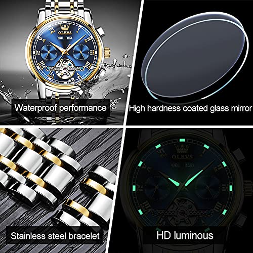 Mens Watches OLEVS Watch Men Automatic Watches for Men Tourbillon Self Winding Skeleton Watch for Men,Men's Wrist Watches Luxury Dress Waterproof Mens Watch Blue Dial Mechanical Watch Day Date,reloj para hombre