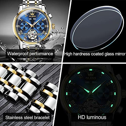 Mens Watches OLEVS Watch Men Automatic Watches for Men Tourbillon Self Winding Skeleton Watch for Men,Men's Wrist Watches Luxury Dress Waterproof Mens Watch Blue Dial Mechanical Watch Day Date,reloj para hombre