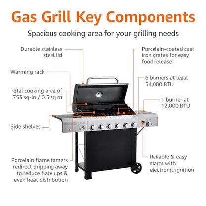 Amazon Basics Freestanding Gas Grill with Side Burner, 6 Burner (66,000 BTU)