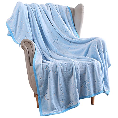 Glow in The Dark Throw Blanket for Kids, Soft Fleece Blanket for Couch Bed, Outdoor Fuzzy Blanket with Galaxy Planet Pattern, Birthday Gifts for Girls Boys and Toddler Blue 50x60 Inch