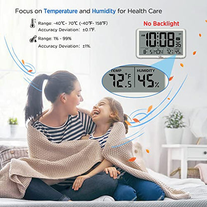 WallarGe Auto Set Digital Wall Clock Battery Operated,Desk Clocks with Temperature,Humidity and Date,Large Display Digital Calendar Alarm Clock for Elderly,Bedroom,Office,8 Time Zone, Auto DST.