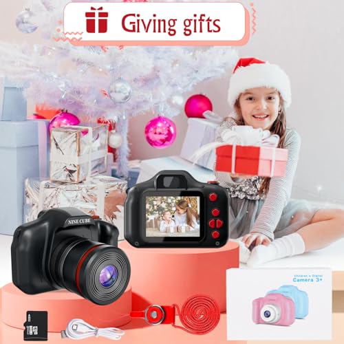 Kids Digital Camera, NINE CUBE Black Toddler Camera for Age 3-7 Kids, Best Gift for Girls Boys Long Lens Toy Video Camera,Mini Toys Gift for 3 4 5 6 Years Old,Children's Digital Camera with 32G Card