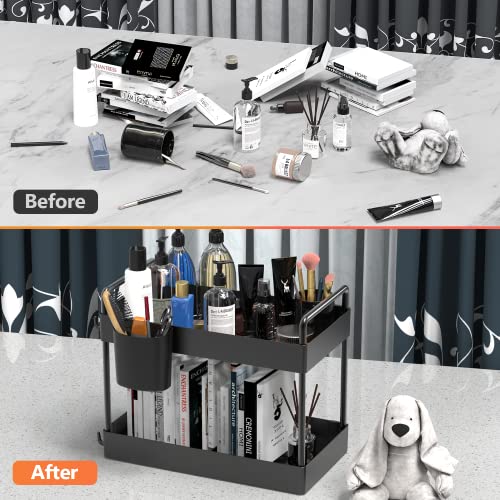 Warmodern 3 Pack Bathroom Organizer Under Sink,2 Tier Bathroom Cabinet Organizer, Bathroom Organizer Under Sink Baskets with 24 Hooks and 6 Hanging Cups, Multifunction Under Cabinet Storage