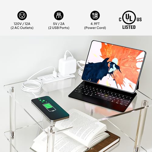 Eglaf Acrylic Side Table with Charging Station - 3 Tier Charging End Table Set of 2 - Clear Nightstand Bedside Table with USB Ports & Outlets - for Bedroom, Living Room, 15'' L x 11.8'' W x 23.6'' H