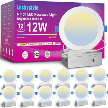 luckystyle 12 Pack 6 Inch 5CCT Ultra-Thin Canless LED Recessed Ceiling Light with Junction Box, Selectable 2700K/3000K/3500K/4000K/5000K,12W Eqv 110W, 1050LM Dimmable Wafer Down Light-ETL&FCC