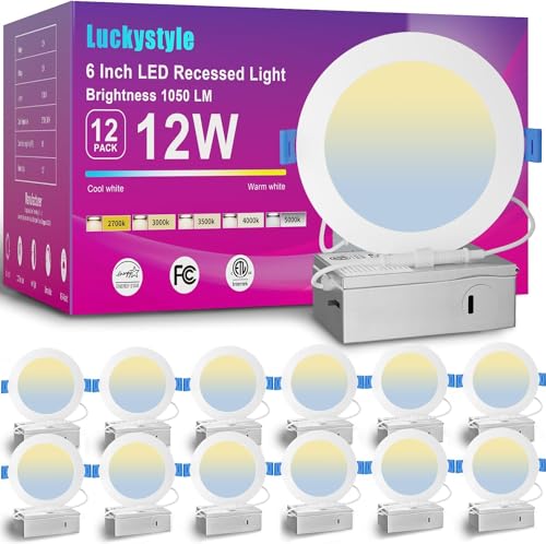 luckystyle 12 Pack 6 Inch 5CCT Ultra-Thin Canless LED Recessed Ceiling Light with Junction Box, Selectable 2700K/3000K/3500K/4000K/5000K,12W Eqv 110W, 1050LM Dimmable Wafer Down Light-ETL&FCC