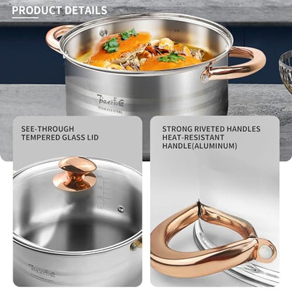BAERFO Silver Pots and Pans Set with lids-8 Piece Luxe Silver 304 Stainless Steel Cookware Set PFOA Free Non Toxic,Induction Safe Cooking Pot