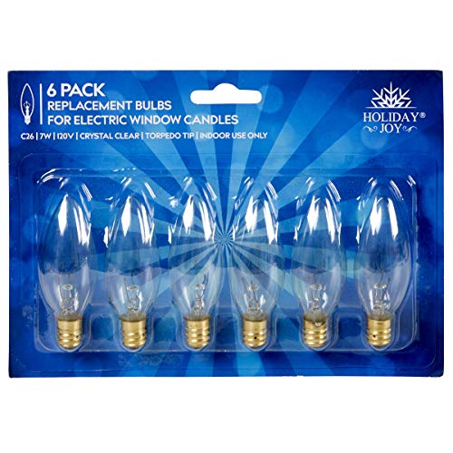 Holiday Joy - Crystal Clear Torpedo Tip Candelabra Replacement Bulbs - Great for Electric Window Candle Lamps - 7W - 120 Volts - E12 (6 Pack)