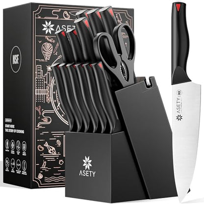 ASETY Knife Set, 15 PCS Kitchen knife Set with Bulti-in Sharpener Block, High Carbon Stainless Steel Knife Block Set, NSF Food Safe, Dishwasher Safe Knife Sets for Kitchen, Black, Gift Box