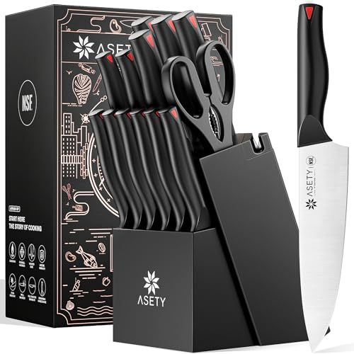 ASETY Knife Set, 15 PCS Kitchen knife Set with Bulti-in Sharpener Block, High Carbon Stainless Steel Knife Block Set, NSF Food Safe, Dishwasher Safe Knife Sets for Kitchen, Black, Gift Box
