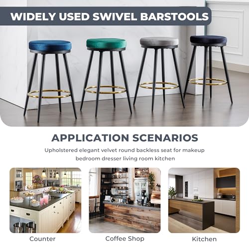 ELIASER 24“ Bar Stools Set of 2 for Kitchen Island, Counter Height Bar Stools Set of 2 Modern Velvet Armless, Swivel Round with Golden Metal Footrest for Dining Room Coffee Shop, Grey