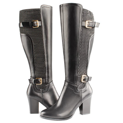 DCMBLY Knee High Boots Women Chunky Heel Almoud Toes Full Side Zipper Boots with Super Elasticity Embroidering Shrinked PU