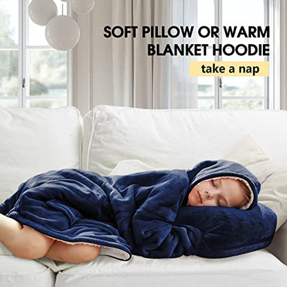 yescool Wearable Blanket Hoodie for Kids - Oversized Sherpa Blanket Sweatshirt Kids with Pocket - Gifts for Kids Girls Boys - Portable Warm Travel Pillow - Teen Wearable Blankets - Blue Elephant