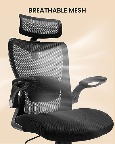 ErGear Ergonomic Desk Chair, Office Chair with 2'' Adjustable Lumbar Support, Computer Chair with Flip-Up Armrests & Headrest, High Back Office Desk Chair with 4'' Thicken Seat for Home Office, Black