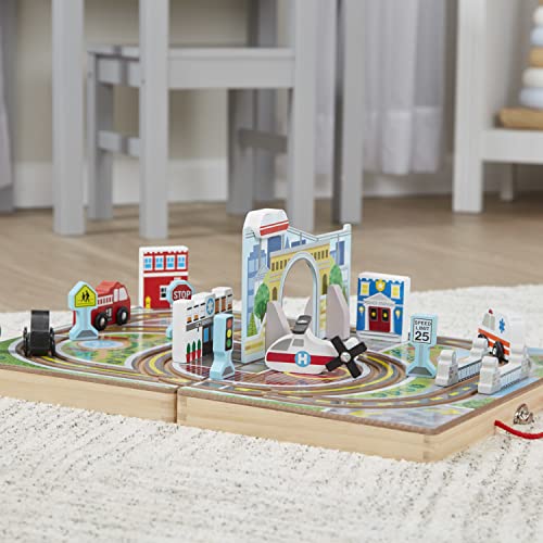 Melissa & Doug 18-Piece Wooden Take-Along Tabletop Town, 4 Rescue Vehicles, Play Pieces, Bridge