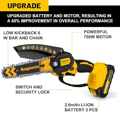 Mini Chainsaw Cordless 6 Inch, Electric Chainsaw Chain Saw Battery Powered, Small Hand Chainsaw With 2 2.0Ah Battery and 2 Super Chains for Tree Trimming, Branches, Wood Cutting (2023 Upgrade)