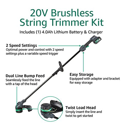 Amazon Brand - Denali by SKIL 20V Brushless 13-Inch String Trimmer Kit, Includes 4.0Ah Battery & Charger, Blue