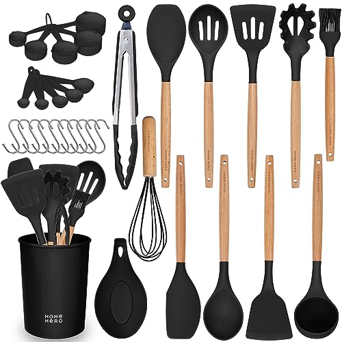 Home Hero 33 Pcs Silicone Kitchen Utensils Set, Non-Stick Silicone Cooking Utensils Set with Holder, Wooden Handle Spatula, Silicone Kitchen Gadgets Utensil Set (33 Pcs Set - Black)