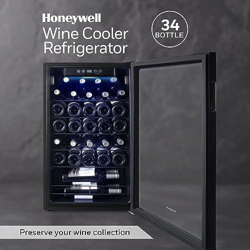 Honeywell 34 Bottle Compressor Wine Cooler Refrigerator, Large Freestanding Wine Cellar For Red, White, Champagne or Sparkling Wine, Digital Temperature Control, Stainless Steel