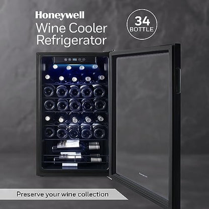 Honeywell 34 Bottle Compressor Wine Cooler Refrigerator, Large Freestanding Wine Cellar For Red, White, Champagne or Sparkling Wine, Digital Temperature Control, Stainless Steel