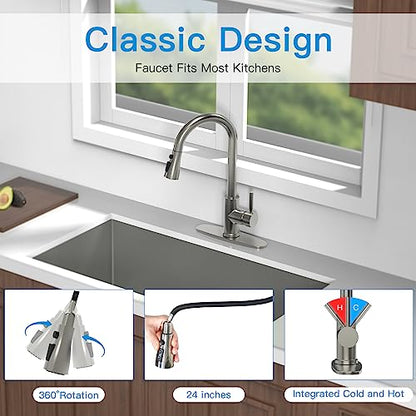 MSTJRY Kitchen Faucet with Pull Down Sprayer Single Level Stainless Steel for Kitchen Sinks,High Arc Single Handle Kitchen Sink Faucet with Pull Out Sprayer,Brushed Stainless