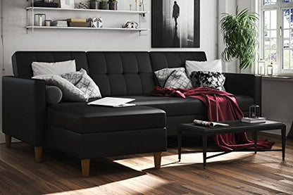 DHP Hartford Storage Sectional Futon with Interchangeable Chaise, Space-saving Design with Multi-position Back, Wooden Legs, Black Faux Leather