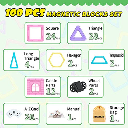 Rurvale 100Pcs Magnetic Blocks, Magnet Toys for 3 4 5 6 7 8 Year Old Boys Girls, Magnetic Tiles, Learning Educational STEM Toys for Toddlers 3-5, 4-8, Building Blocks for Kids Ages 3+ Birthday Gifts