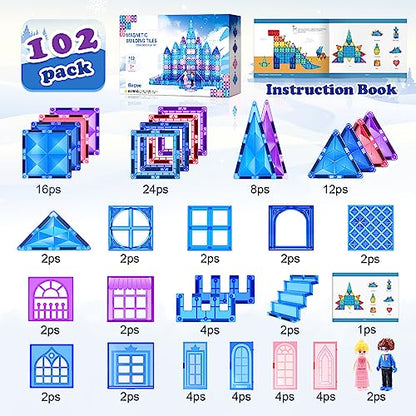 Frozen Toys for Girls Magnetic Tiles 102pcs with Dolls Princess Castle Building Toys Girls Toys Age 4-5 6-8 Magnetic Blocks Birthday Gifts & Toys for 3 4 5 6 7 8+ Year Old Xmas Gifts for Kids