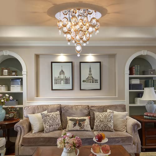 Luburs 4-Light Flush Mount Chandelier 3-Tier Semi-Flush Mount Ceiling Light Fixture Modern Crystal Copper Ceiling Lighting for Bedroom Bathroom Kitchen Hallway 4 G10 Bulbs
