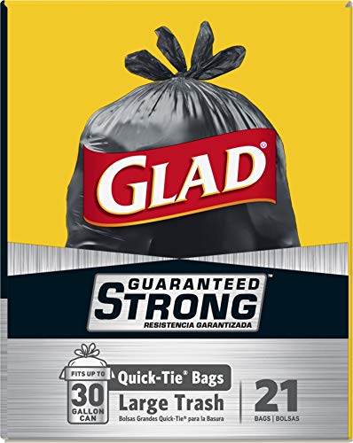 Glad Large Quick-Tie Trash Bags - Extra Strong 30 Gallon Black Trash Bag - 21 Count