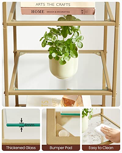 VASAGLE Bookcase, 5-Tier Bookshelf, Slim Shelving Unit for Bedroom, Bathroom, Home Office, Tempered Glass, Steel Frame, Metallic Gold ULGT029A01