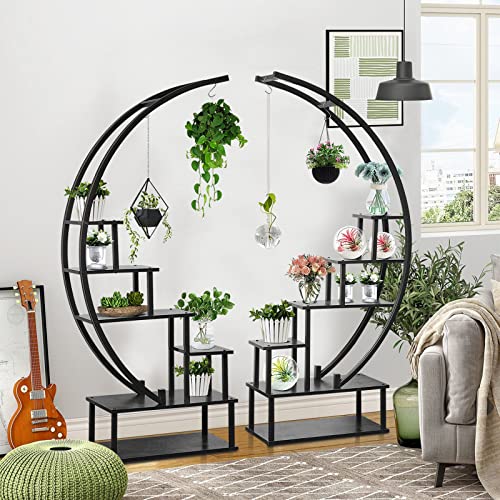 Elevens 2 Pcs 6 Tier Tall Metal Indoor Plant Stand Half-Moon-Shaped Plant Shelf Holder Multi-Purpose Plant Stands Plants Decor Plant Stands for Home Decoration (Round-Black)