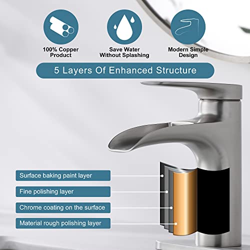 Brushed Nickel Bathroom Faucet, YardMonet Waterfall Bathroom Faucet with Pop Up Drain Single Hole Bathroom Faucet, Single Handle Bathroom Sink Faucet, RV Faucet Brass