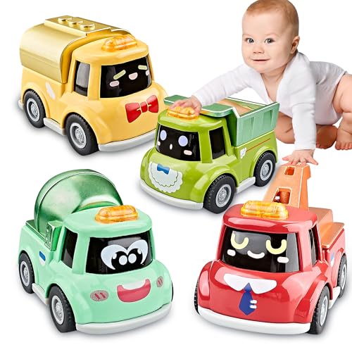 KIDAMI 4 PCS Die-Cast Metal Toy Cars & Trucks, Toddler Cartoon Pull Back Cars for Kids Birthday Gift Toys, Toddler Toys for 1 2 3 4 Years Old Boys Girls