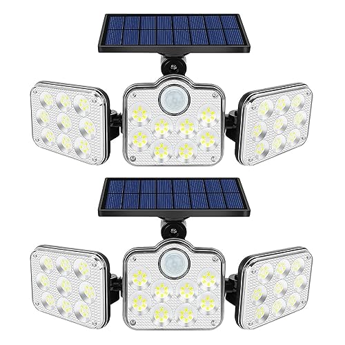 YBING Outdoor Solar Lights, Solar Powered Outdoor Lights Waterproof Solor Light with Motion Sensor, 3 Adjustable Heads, 270° Wide Angle for Garage Patio Porch Garden Yard （2 Pack）