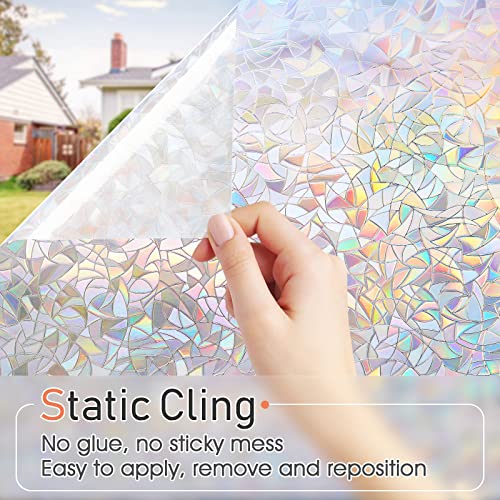 LUTE Window Privacy Film Rainbow Window Cling 3D Decorative Stained Glass Window Coverings, Static Cling Non-Adhesive Removable Window Sticker Sun UV Blocking Window Decal for Home 17.5 x 78.7 inches