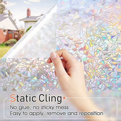 LUTE Window Privacy Film Rainbow Window Cling 3D Decorative Stained Glass Window Coverings, Static Cling Non-Adhesive Removable Window Sticker Sun UV Blocking Window Decal for Home 17.5 x 78.7 inches