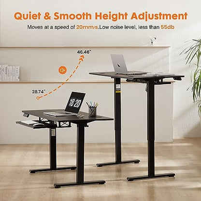 Sweetcrispy Standing Desk with Pull Out Keyboard Tray-48 in Electric Standing Desk, Height Adjustable Stand Up Desk for Home Office, Sit Stand Desk Stable Computer Rising Desk, 2 Storage Hooks, Black