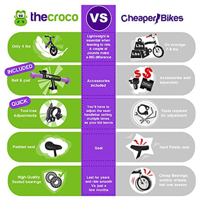 The Original Croco Ultra Lightweight and Sturdy Balance Bike. 3 Models for 2, 3, 4 and 5 Year Old Kids. Unbeatable Features. Toddler Training Bike, No Pedal. The lightest and Most Equipped