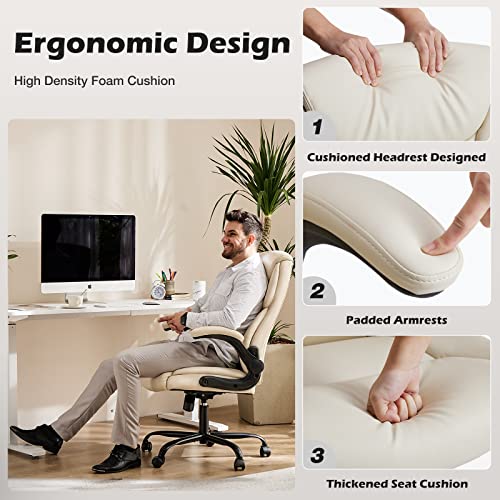 JHK Executive High Back Big and Tall Leather Office Desk Chairs with Flip Up Arms Ergonomic Lumbar Support, Adjustable Height,Wheels, Soft Padded, Black, Cream