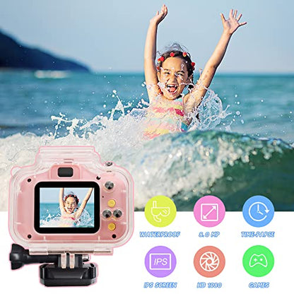 Kids Waterproof Camera Toys for 4-8 Year Old Kids, Children Digital Action Cameras with 16GB Memory Card, Indoor Outdoor Toddler Camera, Birthday Christmast Gifts for KidsAge 5-10 by Elimiic (Pink)