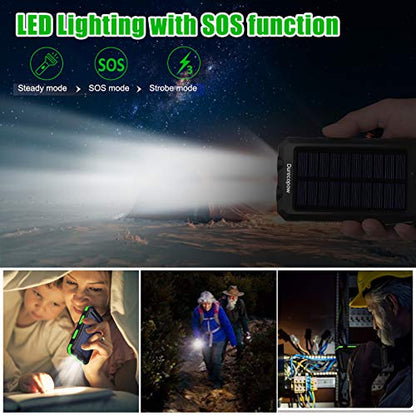 Durecopow Solar Charger, 20000mAh Portable Outdoor Waterproof Solar Power Bank, Camping External Backup Battery Pack Dual 5V USB Ports Output, 2 Led Light Flashlight with Compass (Green)