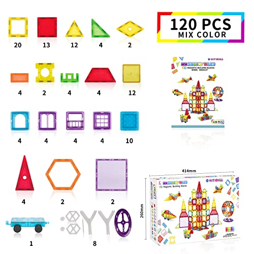 NUTSBALL Magnetic Tiles 120 PCS, Magnet Building Blocks for Kids, STEM Construction Set, Educational Learning Toys for Toddlers, Birthday Gifts for Children Ages 3 Years +